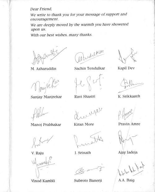 Signatures of the Indian 1992 World Cup Squad